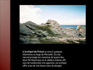 L'archipel du Frioul  se situe à quelques kilomètres au large de Marseille. Ce site naturel protégé est constitué de quatre îles, dont l'île Ratonneau et le célèbre château d'If. Lieu de randonnées très apprécié, cet archipel offre aussi de très beaux sites de plongée. 