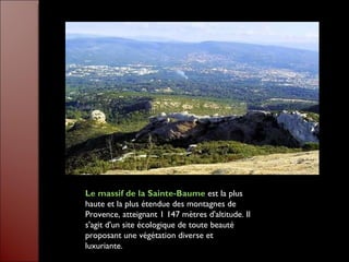 Le massif de la Sainte-Baume  est la plus haute et la plus étendue des montagnes de Provence, atteignant 1 147 mètres d'altitude. Il s'agit d'un site écologique de toute beauté proposant une végétation diverse et luxuriante.  