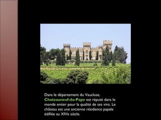 Dans le département du Vaucluse,  Chateauneuf-du-Pape  est réputé dans le monde entier pour la qualité de ses vins. Le château est une ancienne résidence papale édifiée au XIVe siècle. 