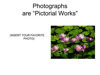 Photographs
       are “Pictorial Works”


(INSERT YOUR FAVORITE
         PHOTO)
 