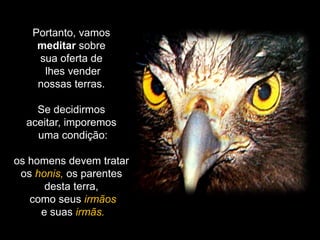 Portanto, vamos
meditar sobre
sua oferta de
lhes vender
nossas terras.
Se decidirmos
aceitar, imporemos
uma condição:
os homens devem tratar
os honis, os parentes
desta terra,
como seus irmãos
e suas irmãs.
 