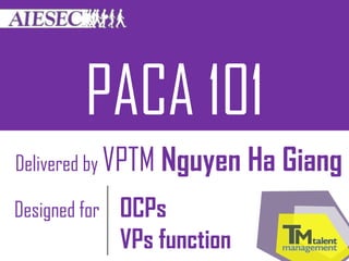 PACA 101
Delivered by VPTM Nguyen Ha Giang
Designed for OCPs
VPs function
 