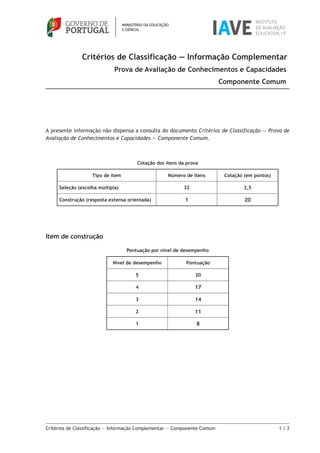 Critérios de Classificação — Informação Complementar — Componente Comum 1 / 2
A presente informação não dispensa a consulta do documento Critérios de Classificação — Prova de
Avaliação de Conhecimentos e Capacidades — Componente Comum.
Cotação dos itens da prova
Tipo de item Número de itens Cotação (em pontos)
Seleção (escolha múltipla) 32 2,5
Construção (resposta extensa orientada) 1 20
Item de construção
Pontuação por nível de desempenho
Nível de desempenho Pontuação
5 20
4 17
3 14
2 11
1 8
Critérios de Classificação — Informação Complementar
Prova de Avaliação de Conhecimentos e Capacidades
Componente Comum