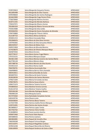 7478729819 Sónia Margarida Cerqueira Pereira APROVADO
4913095498 Sónia Margarida da Silva Tavares APROVADO
9299398828 Sónia Margarida dos Santos Rodrigues APROVADO
2616623900 Sónia Margarida Fraga Pereira Pinto APROVADO
7758270069 Sónia Margarida Martins Ferreira APROVADO
9220711435 Sónia Margarida Mendes Barbosa APROVADO
7704337971 Sónia Margarida Oliveira Gomes APROVADO
7053065359 Sónia Margarida Ribeiro Ferreira de Brito APROVADO
7593014088 Sónia Margarida Silva Leitão APROVADO
4592666356 Sónia Margarida Soares Gonçalves de Almeida APROVADO
5784730800 Sónia Margarida Tribuna Libório APROVADO
3121387723 Sónia Maria Afonso de Barros APROVADO
3934051553 Sónia Maria Conceição Maia APROVADO
7053960676 Sónia Maria da Silva Alves Ferreira APROVADO
1347992065 Sónia Maria da Silva Gonçalves Matias APROVADO
8481929557 Sónia Maria de Matos Faria APROVADO
4309215858 Sónia Maria de Miranda Moreira APROVADO
5274258670 Sónia Maria de Oliveira Marques Moço APROVADO
4445873926 Sónia Maria Ferreira APROVADO
9207778157 Sónia Maria Gomes Fraga Ribeiro APROVADO
1797253131 Sónia Maria Marques Gaspar APROVADO
4023811300 Sónia Maria Montez Canário dos Santos Marto APROVADO
4627782128 Sónia Maria Moreira Alves APROVADO
3057388736 Sónia Maria Moreira da Silva Duarte APROVADO
5919015314 Sónia Maria Ramos Subtil APROVADO
7844706791 Sónia Marisa Anunciação Dias APROVADO
1666908665 Sónia Marisa Barros Vieira Azevedo APROVADO
5003410611 Sónia Marisa Brandão da Costa APROVADO
4818697915 Sónia Marisa do Souto Fonseca APROVADO
9528328539 Sónia Marisa dos Santos Monteiro APROVADO
3799271694 Sónia Marisa Fernandes da Silva APROVADO
2780378476 Sónia Marisa Sousa oliveira APROVADO
1496371674 Sónia Marisa Teixeira Ferreira APROVADO
4764893010 Sónia Marlene Ferreira Correia APROVADO
9126124718 Sónia Marlene Teixeira Coelho APROVADO
7835266148 Sonia Mendes Rodrigues Bastos APROVADO
7964485539 Sónia Mesquita Castro APROVADO
8157476364 Sónia Natividade Gonçalves Correia APROVADO
6302439736 Sónia Oliveira Leite APROVADO
4356438264 Sónia Patrícia Bessa Teixeira APROVADO
1173357394 Sónia Patrícia Coelho Pereira Marques APROVADO
1229731091 Sónia Patrícia dos Santos Araújo APROVADO
8619806017 Sónia Patricia Lopes Tomás APROVADO
6617565762 Sónia Patricia Vieira Fontão APROVADO
9136488054 Sónia Paula Loureiro Azenha APROVADO
4390973460 Sónia Paula Vilela Raposo APROVADO
6845888426 Sónia Pereira Caetano APROVADO
6843844081 Sónia Raquel de Carvalho Silva APROVADO
7460399248 Sónia Raquel Fortuna Borges APROVADO
3591532975 Sónia Raquel Magalhães Cardoso APROVADO
3478416248 Sónia Raquel Maranhão de Oliveira APROVADO
2506169059 Sónia Raquel Venâncio da Costa e Silva APROVADO
 