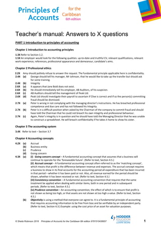 © Sheila Robinson 2018 Principles of Accounts for the Caribbean 6th edition 9781510436657 1
Teacher’s manual: Answers to X questions
PART 1 Introduction to principles of accounting 
Chapter 1 Introduction to accounting principles 
1.3X Refer to Section 1.2. 
1.5X An employer would look for the following qualities: up‐to‐date and truthful CV, relevant qualifications, relevant 
work experience, references, professional appearance and demeanour, candidate’s aims. 
Chapter 2 Professional ethics 
2.2X  Amy should politely refuse to answer the request. The fundamental principle applicable here is confidentiality. 
2.4X  (a)  George should tell his manager, Mr Johnson, that he would like to take up the transfer but should ask 
for some training. 
2.4X  (b)  Integrity 
2.6X  (a)  It appears that Jane Bold does not exist. 
2.6X  (b)  He should immediately tell his employer, AB Auditors, of his suspicion.   
2.6X  (c)  AB Auditors should tell the management of Peak Ltd. 
2.6X  (d)  Peak Ltd should investigate their payroll to ascertain if Clive is correct and if so the person(s) committing 
fraud should be dismissed. 
2.7X  (a)  Peter is wrong in not complying with the managing director’s instructions. He has breached professional 
competence and due care and has not followed his Integrity.     
2.7X  (b)  Peter is in a difficult position when asked by the Chairman of the company to commit fraud and should 
have told the Chairman that he could not breach his own integrity and professional behaviour. 
2.7X  (c)  Again, Peter’s integrity is in question and he should have told the Managing Director that he was unable 
to construct a spreadsheet. He will breach confidentiality if he takes it home to show his sister. 
Chapter 3 The accounting system 
3.4X  Refer to text – Section 3.7 
Chapter 4 Accounting concepts  
4.2X  (a)  Accrual 
  (b)  Business entity 
  (c)  Prudence 
  (d)  Going concern 
4.3X  (a)  (i)  Going concern concept – A fundamental accounting concept that assumes that a business will 
continue to operate for the ‘foreseeable future’. (Refer to text, Section 4.5.) 
 
   (ii)  Accrual concept – A fundamental accounting concept often referred to as the ‘matching concept’, 
which means that profit is the difference between revenue and expenses. The accrual concept requires 
a business to show in its final accounts for the accounting period all expenditure that has been incurred 
in that period – whether it has been paid or not. Also, all revenue earned for the period should be 
shown, whether it has been received or not. (Refer to text, Section 4.5.) 
 
   (iii) Consistency convention – A fundamental accounting convention that requires that the same 
treatment be applied when dealing with similar items, both in one period and in subsequent 
periods. (Refer to text, Section 4.5.) 
 
   (iv) Prudence convention – An accounting convention, the effect of which is to ensure that profit is 
not shown as being too high, or that assets are not shown at too high a value. (Refer to text, Section 
4.5.) 
(b)  Objectivity is using a method that everyone can agree to. It is a fundamental principle of accounting 
that requires accounting information to be free from bias and be verifiable by an independent party. 
(Refer to text, Section 4.3.) Example: using the cost price of an asset for valuation purposes. 
   
 