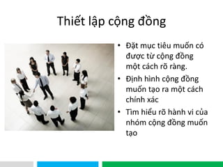 VHT
Thiết lập cộng đồng
• Đặt mục tiêu muốn có
được từ cộng đồng
một cách rõ ràng.
• Định hình cộng đồng
muốn tạo ra một cách
chính xác
• Tìm hiểu rõ hành vi của
nhóm cộng đồng muốn
tạo
 