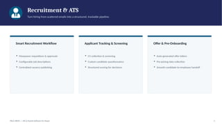 Recruitment & ATS
Turn hiring from scattered emails into a structured, trackable pipeline.
Smart Recruitment Workflow
▪ Manpower requisitions & approvals
▪ Configurable job descriptions
▪ Centralized vacancy publishing
Applicant Tracking & Screening
▪ CV collection & screening
▪ Custom candidate questionnaires
▪ Structured scoring for decisions
Offer & Pre-Onboarding
▪ Auto-generated offer letters
▪ Pre-joining data collection
▪ Smooth candidate-to-employee handoff
PACE HRMS | HR & Payroll Software for Nepal 5
 