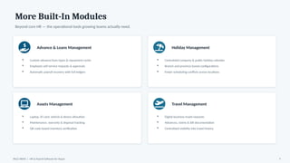 More Built-In Modules
Beyond core HR — the operational tools growing teams actually need.
Advance & Loans Management
▪ Custom advance/loan types & repayment cycles
▪ Employee self-service requests & approvals
▪ Automatic payroll recovery with full ledgers
Holiday Management
▪ Centralized company & public holiday calendar
▪ Branch and province-based configurations
▪ Fewer scheduling conflicts across locations
Assets Management
▪ Laptop, ID card, vehicle & device allocation
▪ Maintenance, warranty & disposal tracking
▪ QR-code based inventory verification
Travel Management
▪ Digital business travel requests
▪ Advances, claims & bill documentation
▪ Centralized visibility into travel history
PACE HRMS | HR & Payroll Software for Nepal 9
 