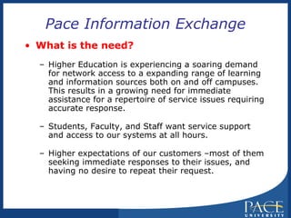 Pace Information Exchange What is the need? Higher Education is experiencing a soaring demand for network access to a expanding range of learning and information sources both on and off campuses. This results in a growing need for immediate assistance for a repertoire of service issues requiring accurate response.  Students, Faculty, and Staff want service support and access to our systems at all hours. Higher expectations of our customers –most of them seeking immediate responses to their issues, and having no desire to repeat their request. 