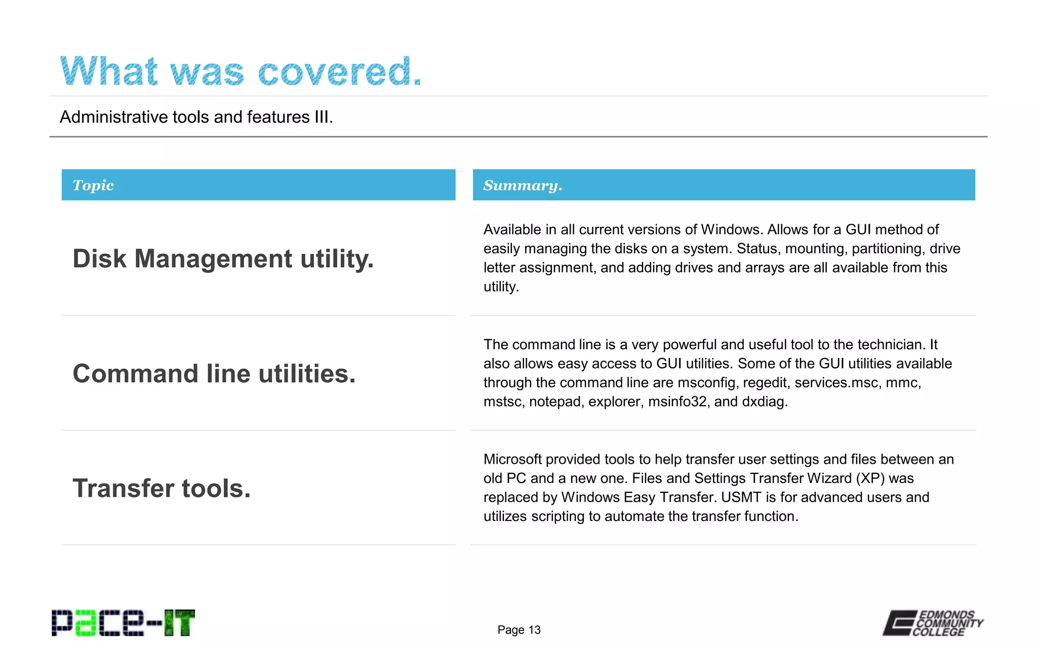 Page 13
Administrative tools and features III.
Available in all current versions of Windows. Allows for a GUI method of
easily managing the disks on a system. Status, mounting, partitioning, drive
letter assignment, and adding drives and arrays are all available from this
utility.
Topic
Disk Management utility.
Summary.
The command line is a very powerful and useful tool to the technician. It
also allows easy access to GUI utilities. Some of the GUI utilities available
through the command line are msconfig, regedit, services.msc, mmc,
mstsc, notepad, explorer, msinfo32, and dxdiag.
Command line utilities.
Microsoft provided tools to help transfer user settings and files between an
old PC and a new one. Files and Settings Transfer Wizard (XP) was
replaced by Windows Easy Transfer. USMT is for advanced users and
utilizes scripting to automate the transfer function.
Transfer tools.
 