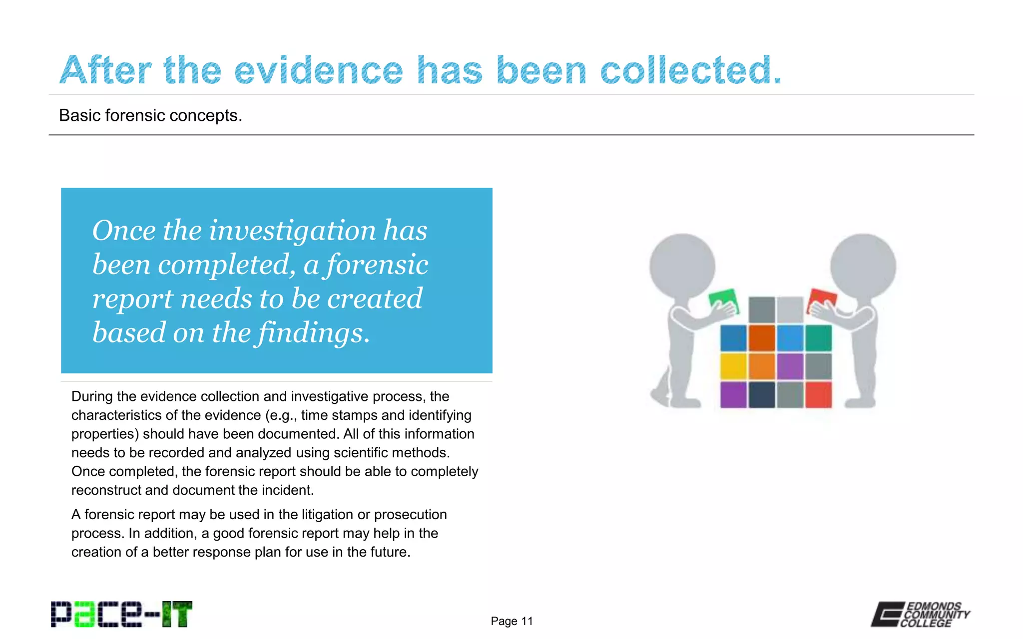 Page 11
Once the investigation has
been completed, a forensic
report needs to be created
based on the findings.
During the evidence collection and investigative process, the
characteristics of the evidence (e.g., time stamps and identifying
properties) should have been documented. All of this information
needs to be recorded and analyzed using scientific methods.
Once completed, the forensic report should be able to completely
reconstruct and document the incident.
A forensic report may be used in the litigation or prosecution
process. In addition, a good forensic report may help in the
creation of a better response plan for use in the future.
Basic forensic concepts.
 