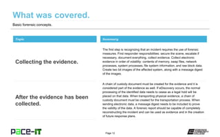 Page 12
Basic forensic concepts.
The first step is recognizing that an incident requires the use of forensic
measures. First responder responsibilities: secure the scene, escalate if
necessary, document everything, collect evidence. Collect electronic
evidence in order of volatility: contents of memory, swap files, network
processes, system processes, file system information, and raw block data.
Create two bit images of the affected system, along with a message digest
of the images.
Topic
Collecting the evidence.
Summary
A chain of custody document must be created for the evidence and it is
considered part of the evidence as well. If eDiscovery occurs, the normal
processing of the identified data needs to cease as a legal hold will be
placed on that data. When transporting physical evidence, a chain of
custody document must be created for the transportation process. When
sending electronic data, a message digest needs to be included to prove
the validity of the data. A forensic report should be capable of completely
reconstructing the incident and can be used as evidence and in the creation
of future response plans.
After the evidence has been
collected.
 