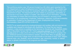 This workforce solution was 100 percent funded by a $3 million grant awarded by the
U.S. Department of Labor's Employment and Training Administration. The solution was
created by the grantee and does not necessarily reflect the official position of the U.S.
Department of Labor. The Department of Labor makes no guarantees, warranties, or
assurances of any kind, express or implied, with respect to such information, including
any information on linked sites and including, but not limited to, accuracy of the
information or its completeness, timeliness, usefulness, adequacy, continued availability
or ownership. Funded by the Department of Labor, Employment and Training
Administration, Grant #TC-23745-12-60-A-53.
PACE-IT is an equal opportunity employer/program and auxiliary aids and services are
available upon request to individuals with disabilities. For those that are hearing
impaired, a video phone is available at the Services for Students with Disabilities (SSD)
office in Mountlake Terrace Hall 159. Check www.edcc.edu/ssd for office hours. Call
425.354.3113 on a video phone for more information about the PACE-IT program. For
any additional special accommodations needed, call the SSD office at 425.640.1814.
Edmonds Community College does not discriminate on the basis of race; color; religion;
national origin; sex; disability; sexual orientation; age; citizenship, marital, or veteran
status; or genetic information in its programs and activities.
 