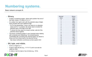 Page 6
– Binary.
» A base 2 numbering system, where each position has one of
two basic values, it is either a 0 or a 1.
» It is written from right to left, with the potential value of digits
being doubled with each additional digit.
• If a 0 is the placeholder, it has a null value (or no absolute
value) and if a 1 is present, the actual value is double the
potential value of the digit to the right.
• To derive the final value of a binary number, add all of the
potential values together.
» The binary numbering system is very important when dealing
with computers and networking. You should become
comfortable with converting from decimal (base 10) values to
binary and from binary back to the decimal format.
• http://www.mathsisfun.com/binary-number-system.html
– Bit, byte, and nibble.
» A bit is a single 0 or 1.
» A byte is eight (8) bits (e.g., 11111111) and it can also be
called an octet.
» A nibble is half of a byte or four (4) bits (e.g., 1010).
Basic network concepts III.
 