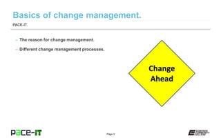 Page 3
– The reason for change management.
– Different change management processes.
PACE-IT.
 
