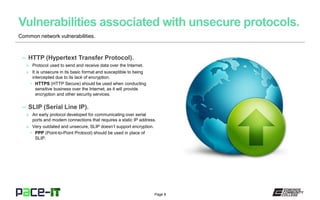 Page 8
– HTTP (Hypertext Transfer Protocol).
» Protocol used to send and receive data over the Internet.
» It is unsecure in its basic format and susceptible to being
intercepted due to its lack of encryption.
• HTTPS (HTTP Secure) should be used when conducting
sensitive business over the Internet, as it will provide
encryption and other security services.
– SLIP (Serial Line IP).
» An early protocol developed for communicating over serial
ports and modem connections that requires a static IP address.
» Very outdated and unsecure, SLIP doesn’t support encryption.
• PPP (Point-to-Point Protocol) should be used in place of
SLIP.
Common network vulnerabilities.
 