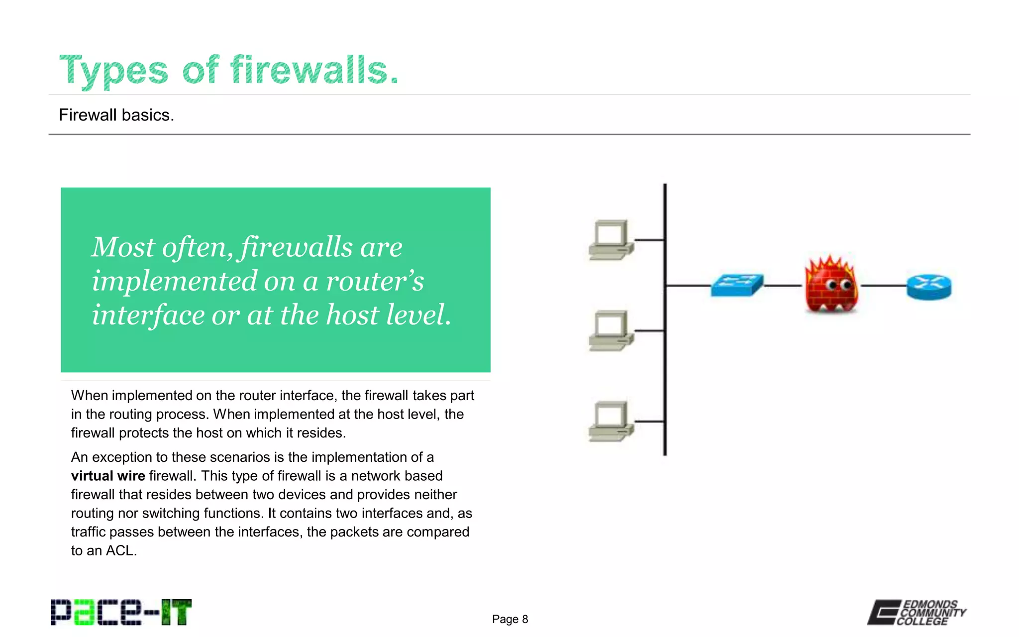 Page 8
Most often, firewalls are
implemented on a router’s
interface or at the host level.
When implemented on the router interface, the firewall takes part
in the routing process. When implemented at the host level, the
firewall protects the host on which it resides.
An exception to these scenarios is the implementation of a
virtual wire firewall. This type of firewall is a network based
firewall that resides between two devices and provides neither
routing nor switching functions. It contains two interfaces and, as
traffic passes between the interfaces, the packets are compared
to an ACL.
Firewall basics.
 