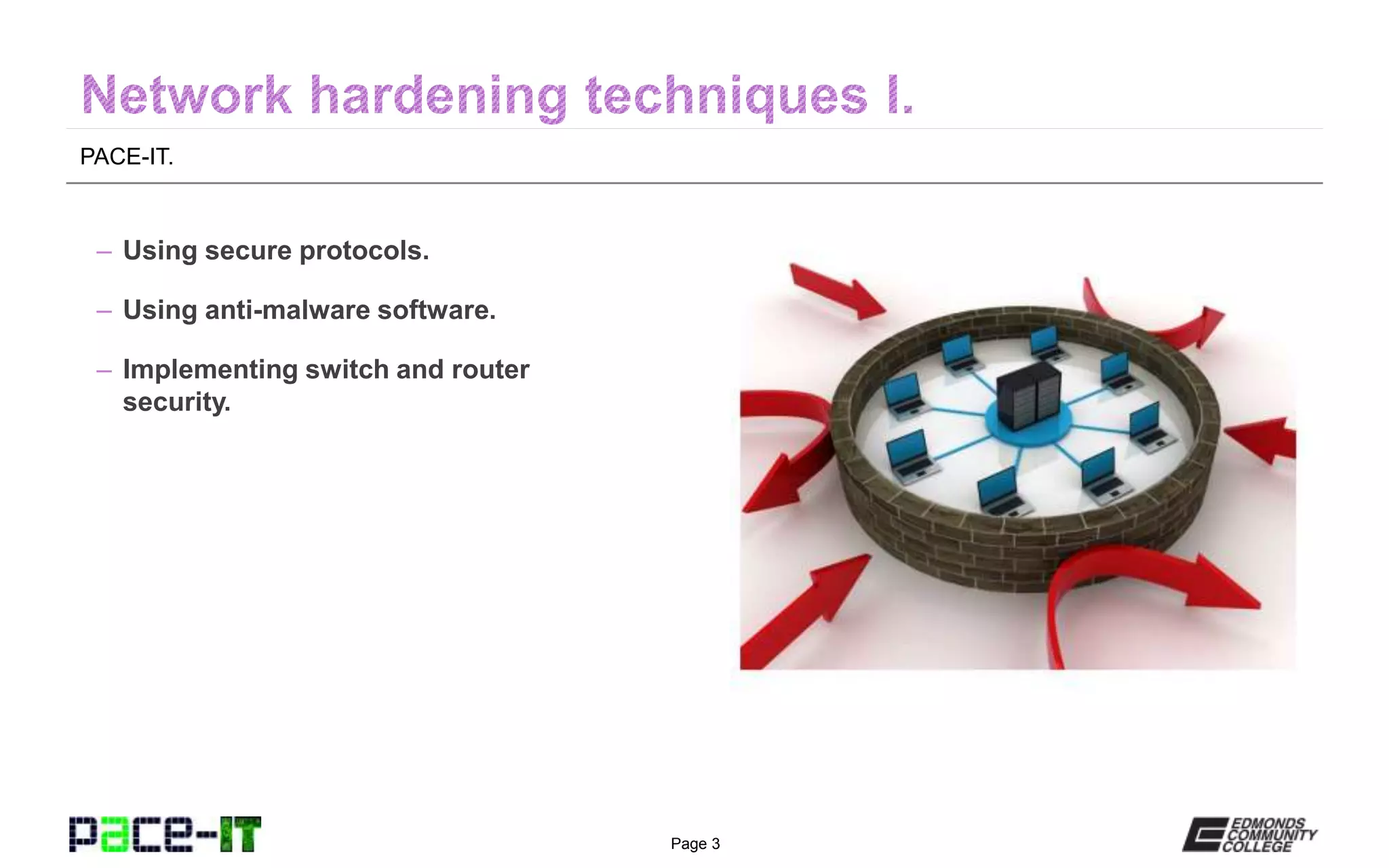Page 3
PACE-IT.
– Using secure protocols.
– Using anti-malware software.
– Implementing switch and router
security.
 
