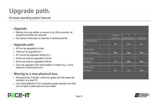 Page 16
– Upgrade.
» Moving from one edition or version of an OS to another; all
programs and files are retained.
» Old system information is retained in windows.old file.
– Upgrade path.
» XP can be upgraded to Vista.
» Vista can be upgraded to 7.
» XP cannot be upgraded directly to 7.
» 32-bit can only be upgraded to 32-bit.
» 64-bit can only be upgraded to 64-bit.
» Can only upgrade to the same edition or higher (e.g., home
premium to home premium).
– Moving to a new physical box.
» Windows Easy Transfer: consumer grade tool that eases the
transition to a new PC.
» User State Migration Tool: enterprise grade transition tool that
can be highly customized and automated.
Windows operating system features.
 