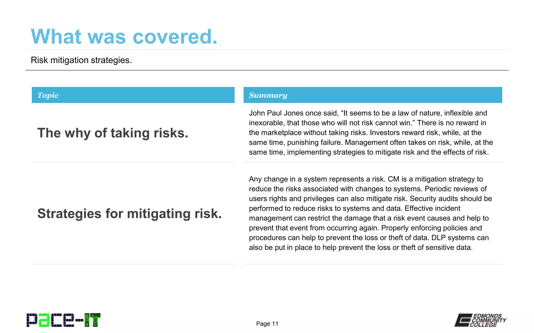 Page 11
Risk mitigation strategies.
John Paul Jones once said, “It seems to be a law of nature, inflexible and
inexorable, that those who will not risk cannot win.” There is no reward in
the marketplace without taking risks. Investors reward risk, while, at the
same time, punishing failure. Management often takes on risk, while, at the
same time, implementing strategies to mitigate risk and the effects of risk.
Topic
The why of taking risks.
Summary
Any change in a system represents a risk. CM is a mitigation strategy to
reduce the risks associated with changes to systems. Periodic reviews of
users rights and privileges can also mitigate risk. Security audits should be
performed to reduce risks to systems and data. Effective incident
management can restrict the damage that a risk event causes and help to
prevent that event from occurring again. Properly enforcing policies and
procedures can help to prevent the loss or theft of data. DLP systems can
also be put in place to help prevent the loss or theft of sensitive data.
Strategies for mitigating risk.
 