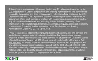 This workforce solution was 100 percent funded by a $3 million grant awarded by the
U.S. Department of Labor's Employment and Training Administration. The solution was
created by the grantee and does not necessarily reflect the official position of the U.S.
Department of Labor. The Department of Labor makes no guarantees, warranties, or
assurances of any kind, express or implied, with respect to such information, including
any information on linked sites and including, but not limited to, accuracy of the
information or its completeness, timeliness, usefulness, adequacy, continued availability
or ownership. Funded by the Department of Labor, Employment and Training
Administration, Grant #TC-23745-12-60-A-53.
PACE-IT is an equal opportunity employer/program and auxiliary aids and services are
available upon request to individuals with disabilities. For those that are hearing
impaired, a video phone is available at the Services for Students with Disabilities (SSD)
office in Mountlake Terrace Hall 159. Check www.edcc.edu/ssd for office hours. Call
425.354.3113 on a video phone for more information about the PACE-IT program. For
any additional special accommodations needed, call the SSD office at 425.640.1814.
Edmonds Community College does not discriminate on the basis of race; color; religion;
national origin; sex; disability; sexual orientation; age; citizenship, marital, or veteran
status; or genetic information in its programs and activities.
 