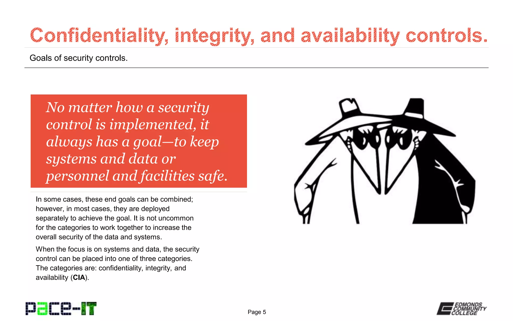 Page 5
No matter how a security
control is implemented, it
always has a goal—to keep
systems and data or
personnel and facilities safe.
In some cases, these end goals can be combined;
however, in most cases, they are deployed
separately to achieve the goal. It is not uncommon
for the categories to work together to increase the
overall security of the data and systems.
When the focus is on systems and data, the security
control can be placed into one of three categories.
The categories are: confidentiality, integrity, and
availability (CIA).
Goals of security controls.
 