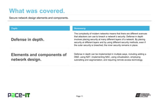 Page 11
Secure network design elements and components.
The complexity of modern networks means that there are different avenues
that attackers can use to breach a network’s security. Defense in depth
involves placing security at many different layers of a network. By placing
security at different layers and by using different security methods, even if
the outer security is breached, the inner security remains in place.
Topic
Defense in depth.
Summary
Defense in depth can be implemented in multiple ways, including adding a
DMZ, using NAT, implementing NAC, using virtualization, employing
subnetting and segmentation, and requiring remote access technology.
Elements and components of
network design.
 
