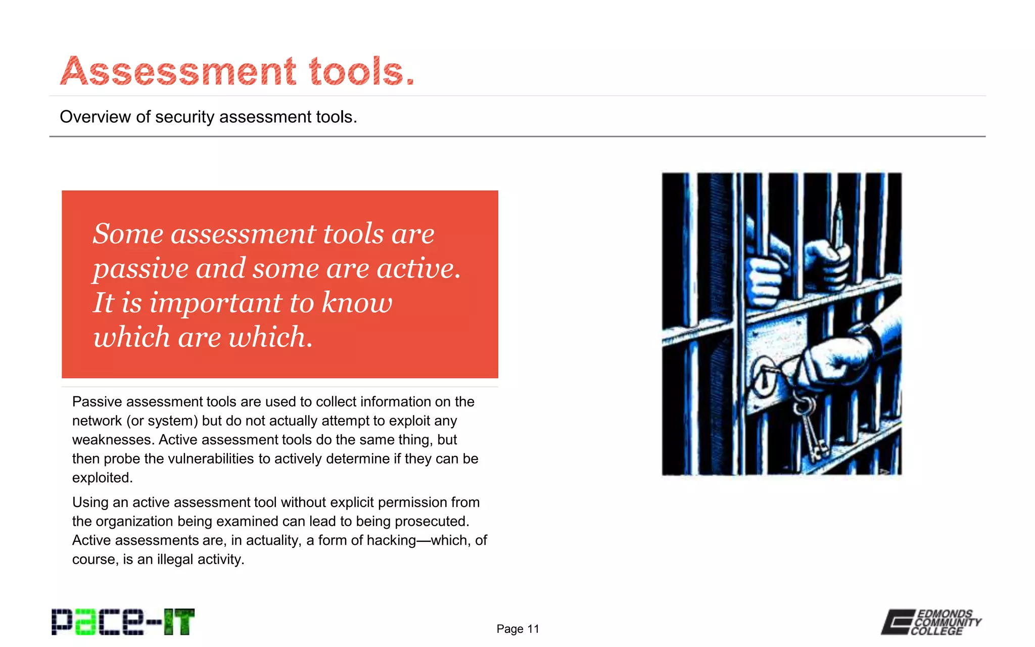 Page 11
Some assessment tools are
passive and some are active.
It is important to know
which are which.
Passive assessment tools are used to collect information on the
network (or system) but do not actually attempt to exploit any
weaknesses. Active assessment tools do the same thing, but
then probe the vulnerabilities to actively determine if they can be
exploited.
Using an active assessment tool without explicit permission from
the organization being examined can lead to being prosecuted.
Active assessments are, in actuality, a form of hacking—which, of
course, is an illegal activity.
Overview of security assessment tools.
 