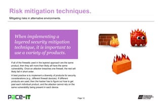 Page 12
When implementing a
layered security mitigation
technique, it is important to
use a variety of products.
If all of the firewalls used in the layered approach are the same
product, then they will more than likely all have the same
vulnerability. Once an attacker breaches one firewall, the rest will
likely fall in short order.
A best practice is to implement a diversity of products for security
considerations (e.g., different firewall devices). If different
products are used, then the hacker has to figure out how to get
past each individual product, and the attacker cannot rely on the
same vulnerability being present in each device.
Mitigating risks in alternative environments.
 