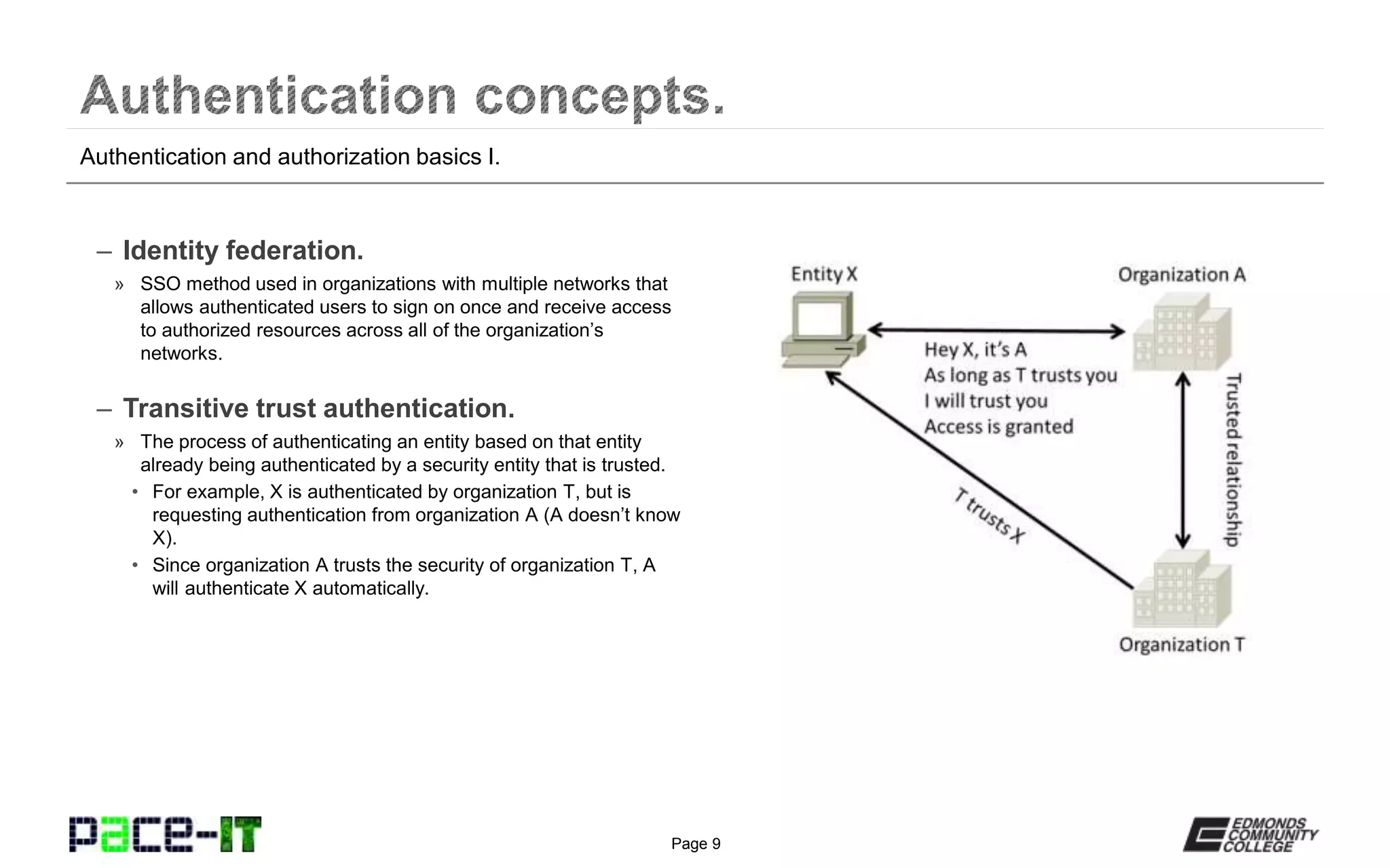 Page 9
– Kerberos.
» Authentication protocol, which uses TCP or UDP port 88.
» A system of authentication and authorization that works well in
environments that have a lot of clients.
» The Key Distribution Center (KDC) is the main component.
» The KDC has two parts—the authentication server (AS) and
the Ticket-Granting Service (TGS).
» When a user logs in, a hash of his or her username and
password is sent to the AS; if the AS likes the hash, it responds
with a ticket granting ticket (TGT) and a timestamp.
» The client sends the TGT with timestamp to the TGS.
» The TGS responds with a service ticket (can also be called an
access token or just a token).
» The service ticket (token) authorizes the user to access specific
resources.
» As long as the TGT is still valid, the TGS will grant
authorization by issuing a new service ticket.
Summary of authentication services.
 