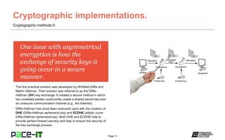 Page 11
One issue with asymmetrical
encryption is how the
exchange of security keys is
going occur in a secure
manner.
The first practical solution was developed by Whitfield Diffie and
Martin Hellman. Their solution was referred to as the Diffie-
Hellman (DH) key exchange. It created a secure method in which
two unrelated parties could jointly create a shared secret key over
an unsecure communication channel (e.g., the Internet).
Diffie-Hellman has since been improved upon with the creation of
DHE (Diffie-Hellman ephemeral key) and ECDHE (elliptic curve
Diffie-Hellman ephemeral key). Both DHE and ECDHE help to
provide perfect forward secrecy and help to ensure the security of
the key exchange process.
Cryptographic methods II.
 