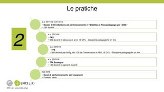 ERID Lab | www.eridlab.unifg.it!
Le pratiche!
a.a. 2011/12 e 2012/13 !
•  Master di I livello/Corso di perfezionamento in “Didattica e Psicopedagogia per i DSA”!
•  130 docenti!
a.a. 2013/14!
•  PAS!
•  360 docenti in classe da 3 anni, 18 CFU – Discipline pedagogiche on line!
a.a. 2014/15!
•  TFA !
•  260 docenti per Unifg; altri 100 da Conservatorio e ABA, 18 CFU – Discipline pedagogiche on line!
a.a. 2015/16!
•  TFA Sostegno !
•  120 docenti o aspiranti docenti!
Dal 2016!
•  Corsi di perfezionamento per insegnanti!
•  Formato Mooc!
2!
 