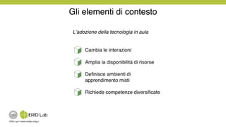 ERID Lab | www.eridlab.unifg.it!
Gli elementi di contesto!
L’adozione della tecnologia in aula!
!
Cambia le interazioni!
Amplia la disponibilità di risorse!
Deﬁnisce ambienti di
apprendimento misti!
Richiede competenze diversiﬁcate!
 