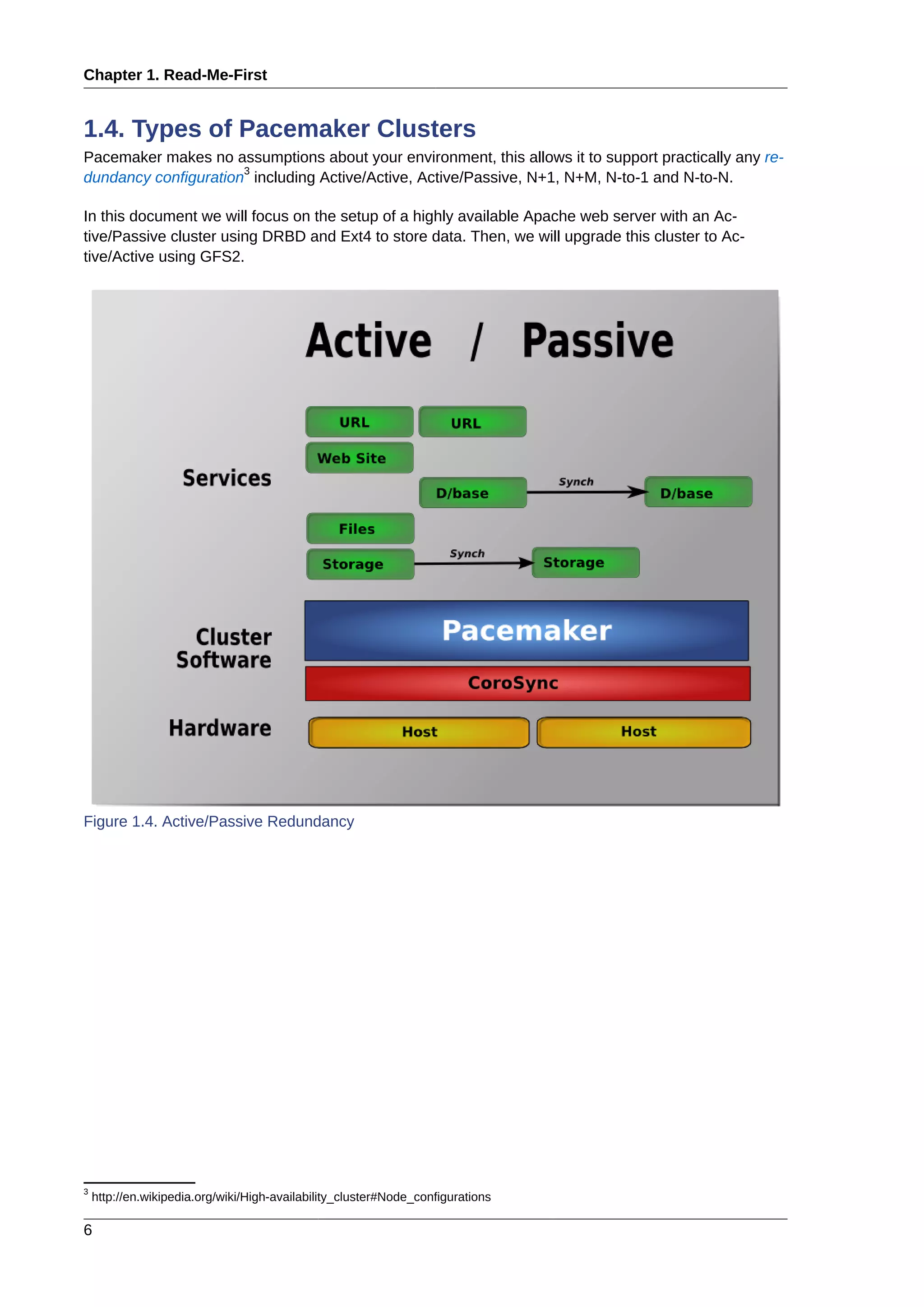Chapter 1. Read-Me-First
6
1.4. Types of Pacemaker Clusters
Pacemaker makes no assumptions about your environment, this allows it to support practically any re-
dundancy configuration
3
including Active/Active, Active/Passive, N+1, N+M, N-to-1 and N-to-N.
In this document we will focus on the setup of a highly available Apache web server with an Ac-
tive/Passive cluster using DRBD and Ext4 to store data. Then, we will upgrade this cluster to Ac-
tive/Active using GFS2.
Figure 1.4. Active/Passive Redundancy
3
http://en.wikipedia.org/wiki/High-availability_cluster#Node_configurations
 
