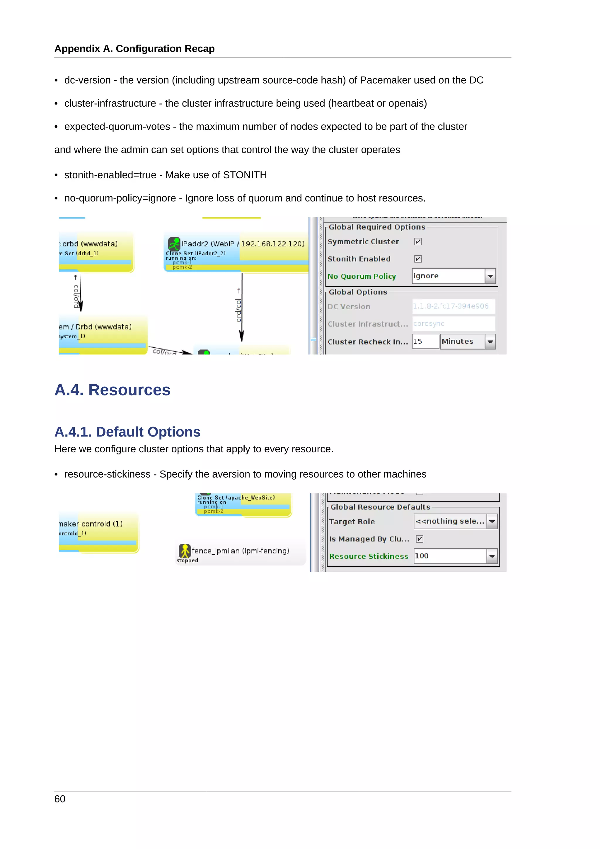 Appendix A. Configuration Recap
60
• dc-version - the version (including upstream source-code hash) of Pacemaker used on the DC
• cluster-infrastructure - the cluster infrastructure being used (heartbeat or openais)
• expected-quorum-votes - the maximum number of nodes expected to be part of the cluster
and where the admin can set options that control the way the cluster operates
• stonith-enabled=true - Make use of STONITH
• no-quorum-policy=ignore - Ignore loss of quorum and continue to host resources.
A.4. Resources
A.4.1. Default Options
Here we configure cluster options that apply to every resource.
• resource-stickiness - Specify the aversion to moving resources to other machines
 