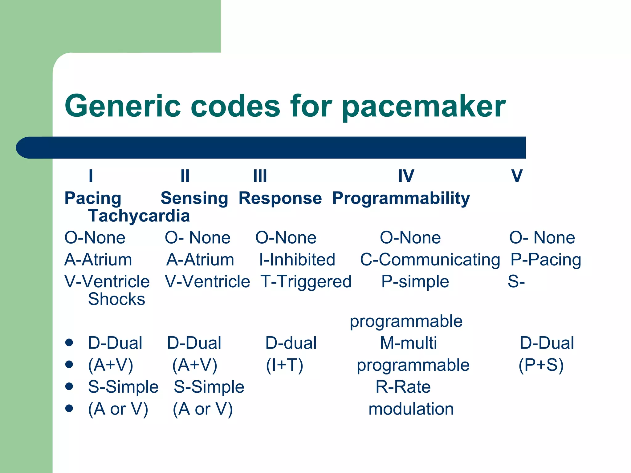 Generic codes for pacemaker I  II  III  IV  V Pacing  Sensing  Response  Programmability  Tachycardia O-None  O- None  O-None  O-None  O- None A-Atrium  A-Atrium  I-Inhibited  C-Communicating  P-Pacing V-Ventricle  V-Ventricle  T-Triggered  P-simple  S-Shocks programmable D-Dual  D-Dual  D-dual  M-multi  D-Dual (A+V)  (A+V)  (I+T)  programmable  (P+S) S-Simple  S-Simple  R-Rate (A or V)  (A or V)  modulation 
