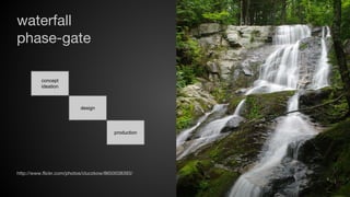 waterfall
phase-gate
concept
ideation

design

production

http://www.flickr.com/photos/cluczkow/8650038393/

 