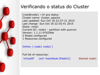 Verificando o status do Cluster
[root@node1 ~]# pcs status
Cluster name: cluster_apache
Last updated: Sun Oct 18 22:57:21 2015
Last change: Sun Oct 18 22:55:41 2015
Stack: cman
Current DC: node1 - partition with quorum
Version: 1.1.11-97629de
2 Nodes configured
1 Resources configured
Online: [ node1 node2 ]
Full list of resources:
VirtualIP (ocf::heartbeat:IPaddr2): Started node1
 