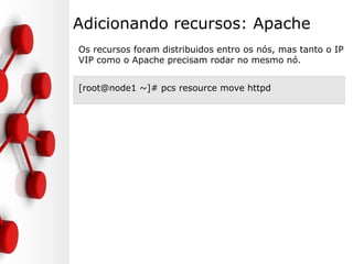 Adicionando recursos: Apache
Os recursos foram distribuidos entro os nós, mas tanto o IP
VIP como o Apache precisam rodar no mesmo nó.
[root@node1 ~]# pcs resource move httpd
 