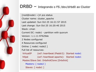 DRBD – Integrando o FS /dev/drbd0 ao Cluster
[root@node1 ~]# pcs status
Cluster name: cluster_apache
Last updated: Sun Oct 25 16:21:57 2015
Last change: Sun Oct 25 16:20:40 2015
Stack: cman
Current DC: node1 - partition with quorum
Version: 1.1.11-97629de
2 Nodes configured
4 Resources configured
Online: [ node1 node2 ]
Full list of resources:
VirtualIP (ocf::heartbeat:IPaddr2): Started node1
httpd (ocf::heartbeat:apache): Started node1
Master/Slave Set: DrbdVolClone [DrbdVol]
Masters: [ node2 ]
Slaves: [ node1 ]
 