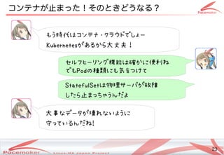 23
Copyright(c) 2011 Linux-HA Japan Project 23
コンテナが止まった！そのときどうなる？止めない！」ことまった！その違いとはときどうなるコンテナ？なにそれおいしいの？
もう時代はコンテナ・クラウドでしょー時代はコンテナ・クラウドでしょーはコンテナ・クラウドでしょーコンテナ・クラウドでしょーでしょー
Kubernetesがあるから大丈夫！大丈夫！
セルフヒーリング機能は確かに便利ね機能は確かに便利ねはコンテナ・クラウドでしょー確かに便利ねかに便利ねね
でもPodの種類にも気をつけて種類にも気をつけてにも気をつけてをつけてデモ展示中！
StatefulSetはコンテナ・クラウドでしょー物理サーバが故障サーバが故障が故障
したら大丈夫！止まっちゃうんだよまっちゃう時代はコンテナ・クラウドでしょーんだよ
大事なデータが壊れないようになデータが壊れないようにデータが壊れないようにが壊れないようにれなデータが壊れないようにいよう時代はコンテナ・クラウドでしょーに
守っているんだねってデモ展示中！いるんだね!
 