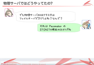 24
Copyright(c) 2011 Linux-HA Japan Project 24
物理ネットワークサーバではどうやってたの違いとは?
でも物理サーバが故障サーバが故障の種類にも気をつけてHAクラスタが壊れないようにはコンテナ・クラウドでしょー
フェイルオーバが故障できてデモ展示中！たよね？なデータが壊れないようにんで？
それはコンテナ・クラウドでしょー Pacemaker の種類にも気をつけて
STONITH機能は確かに便利ねの種類にも気をつけておかげね
 