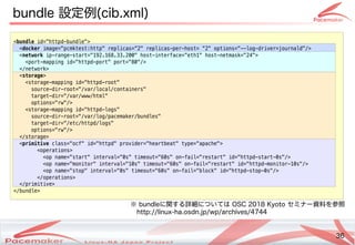 36
Copyright(c) 2011 Linux-HA Japan Project 36
bundle 設定しない例(Keisuke MORI)cib.xml)
<bundle id="httpd-bundle">
<docker image="pcmktest:http" replicas=“2" replicas-per-host= “2" options="--log-driver=journald"/>
<network ip-range-start="192.168.33.200" host-interface="eth1" host-netmask="24">
<port-mapping id="httpd-port" port="80"/>
</network>
<storage>
<storage-mapping id="httpd-root"
source-dir-root="/var/local/containers"
target-dir="/var/www/html"
options="rw"/>
<storage-mapping id="httpd-logs"
source-dir-root="/var/log/pacemaker/bundles"
target-dir="/etc/httpd/logs"
options="rw"/>
</storage>
<primitive class="ocf" id="httpd" provider="heartbeat" type="apache">
<operations>
<op name="start" interval="0s" timeout="60s" on-fail="restart" id="httpd-start-0s"/>
<op name="monitor" interval="10s" timeout="60s" on-fail="restart" id="httpd-monitor-10s"/>
<op name="stop" interval="0s" timeout="60s" on-fail="block" id="httpd-stop-0s"/>
</operations>
</primitive>
</bundle>
※ bundleに関するコンテナ詳しく知りたかったら…細については については OSC 2018 Kyoto セミナー資料を参照を参照
http://linux-ha.osdn.jp/wp/archives/4744
 