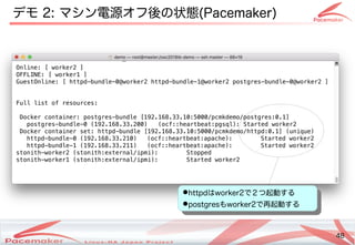 48
Copyright(c) 2011 Linux-HA Japan Project 48
デモ 2: マシン電源が落ちたらさすがに再起動するよね？オフ後の動向の違いとは状態(Keisuke MORI)Pacemaker)
Online: [ worker2 ]
OFFLINE: [ worker1 ]
GuestOnline: [ httpd-bundle-0@worker2 httpd-bundle-1@worker2 postgres-bundle-0@worker2 ]
Full list of resources:
Docker container: postgres-bundle [192.168.33.10:5000/pcmkdemo/postgres:0.1]
postgres-bundle-0 (192.168.33.200) (ocf::heartbeat:pgsql): Started worker2
Docker container set: httpd-bundle [192.168.33.10:5000/pcmkdemo/httpd:0.1] (unique)
httpd-bundle-0 (192.168.33.210) (ocf::heartbeat:apache): Started worker2
httpd-bundle-1 (192.168.33.211) (ocf::heartbeat:apache): Started worker2
stonith-worker2 (stonith:external/ipmi): Stopped
stonith-worker1 (stonith:external/ipmi): Started worker2
●httpdはworker2で２つ起動するコンテナ
●postgresもworker2で再起動するコンテナ
●httpdはworker2で２つ起動するコンテナ
●postgresもworker2で再起動するコンテナ
 
