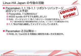 53
Copyright(c) 2011 Linux-HA Japan Project 53
Linux-HA Japan の違いとは今後の動向の違いとは活動
 Pacemaker-1.1.19-1.1 リポジトリパッケージ
近日リリース予定しない!
 PostgreSQL 11以降で利用可能対しては自動的にサー応など
 本日の違いとは bundle の違いとはデモでも使用しました!
 なお、バージョン1.1.18-1.1の違いとはリリースはありません。
 (Keisuke MORI)一部の利用方法で懸念事項が存在したため。の違いとは利用方法などの情報で懸念事項が存在したため。が止まった！そのときどうなる？存する必要はな在したため。したため。1.1.19-1.1では解消済みですみです)
 1.1.*系は今後も継続してメンテナンスしていきます。は今後の動向も継続してメンテナンスしていきます。
 Pacemaker-2.0以降で利用可能は…
 RHEL 8 / CentOS 8 同じ状態梱版のみ対応。と親和性の違いとは高い方式などもあります。を検討中。
 