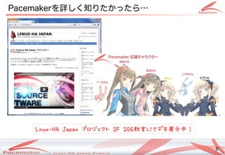8
Copyright(c) 2011 Linux-HA Japan Project 8
Pacemakerを詳しく知りたかったら…しく知りたかったら開発コミュニティへのフィードバック・貢献…
Linux-HA Japan プロジェクト 2F 206F 2F 20606教室にてデモ展示中！にてデモ展示中！デモ展示中！展示中！
 