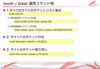 booth / ticket 運用コマンド例
 1.すべてのサイトのチケットリスト表示
  booth client list
  booth client list

  実行結果例1: チケット付与前
        ticket: ticketA, owner: None, expires: INF

  実行結果例2: チケット付与後
         ticket: ticketA, owner: 172.20.0.2, expires: 2012/09/04 20:23:36


 2. サイトへのチケット付与
  booth client grant -t ticketA -s 172.20.0.2



 3. サイトのチケット取り消し
  booth client revoke -t ticketA -s 172.20.0.2




                                  Copyright(c) 2011 Linux-HA Japan Project
                                                                             17
 