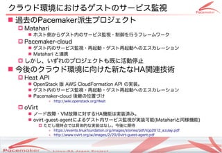 クラウド環境におけるゲストのサービス監視
 過去のPacemaker派生プロジェクト
  Matahari
     ホスト側からゲスト内のサービス監視・制御を行うフレームワーク
  Pacemaker-cloud
     ゲスト内のサービス監視・再起動・ゲスト再起動へのエスカレーション
     Matahari と連携
  しかし、いずれのプロジェクトも既に活動停止
 今後のクラウド環境に向けた新たなHA関連技術
  Heat API
     OpenStack 版 AWS CloudFormation API の実装。
     ゲスト内のサービス監視・再起動・ゲスト再起動へのエスカレーション
     Pacemaker-cloud 後継の位置づけ
             » http://wiki.openstack.org/Heat

  oVirt
     ノード故障・VM故障に対するHA機能は実装済み。
     ovirt-guest-agentによるゲスト内サービス監視が実装可能(Matahariと同様機能)
            ただし現時点では具体的な実装はなし。今後に期待
             » https://events.linuxfoundation.org/images/stories/pdf/lcjp2012_azulay.pdf
             » http://www.ovirt.org/w/images/2/20/Ovirt-guest-agent.pdf


                                Copyright(c) 2011 Linux-HA Japan Project
                                                                                           27
 