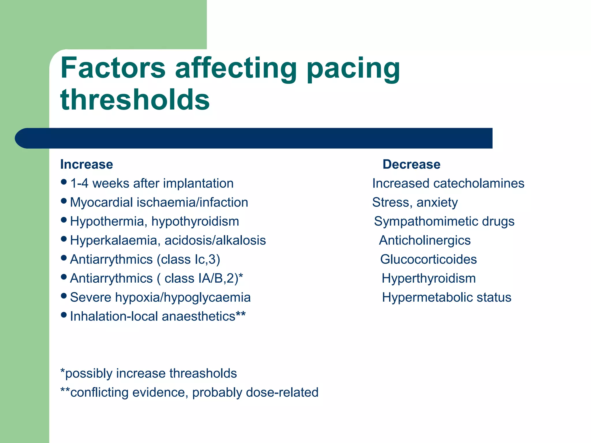 Factors affecting pacing
thresholds
Increase Decrease
1-4 weeks after implantation Increased catecholamines
Myocardial ischaemia/infaction Stress, anxiety
Hypothermia, hypothyroidism Sympathomimetic drugs
Hyperkalaemia, acidosis/alkalosis Anticholinergics
Antiarrythmics (class Ic,3) Glucocorticoides
Antiarrythmics ( class IA/B,2)* Hyperthyroidism
Severe hypoxia/hypoglycaemia Hypermetabolic status
Inhalation-local anaesthetics**
*possibly increase threasholds
**conflicting evidence, probably dose-related
 