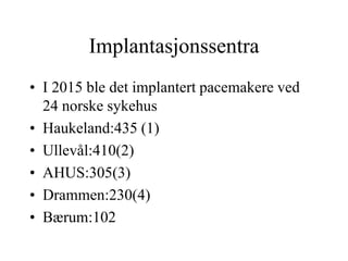 Implantasjonssentra
• I 2015 ble det implantert pacemakere ved
24 norske sykehus
• Haukeland:435 (1)
• Ullevål:410(2)
• AHUS:305(3)
• Drammen:230(4)
• Bærum:102
 